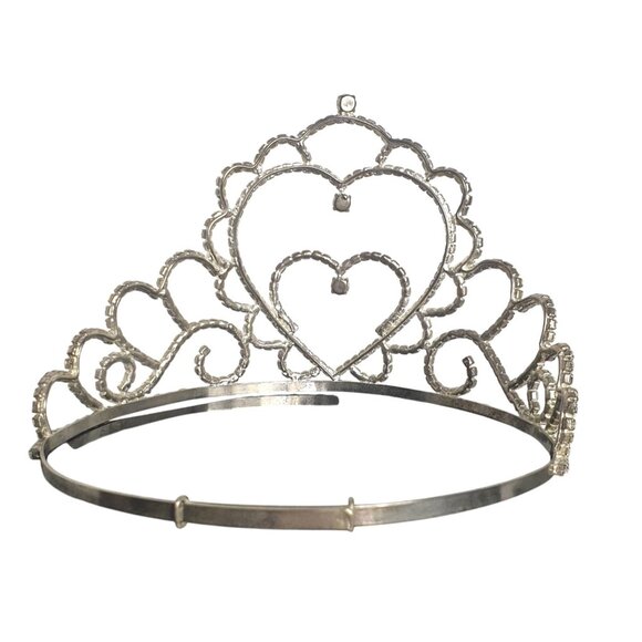 Crystal Heart Tiara Adjustable Band Rhinestones Silver Weddings Events Adult Lg